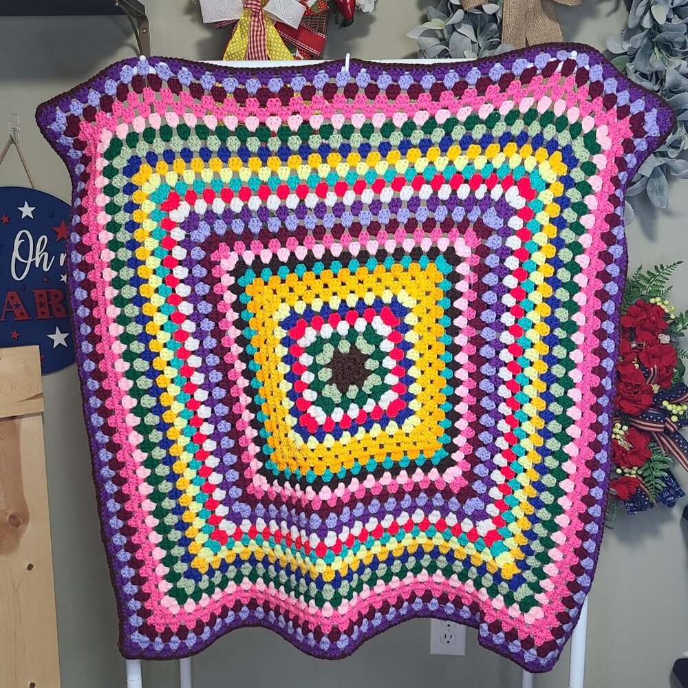 Handmade Crochet Granny Square Blanket Baby/Lap Throw, Cottagecore, Grannycore